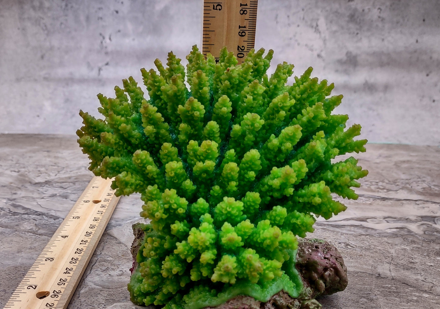 Green FAUX Table Coral - Acropora Hyacinthus - (1 FAUX Coral approx. 5Wx6Dx4T inches). Green thick fluffed coral set on rock. Copyright 2024 SeaShellSupply.co