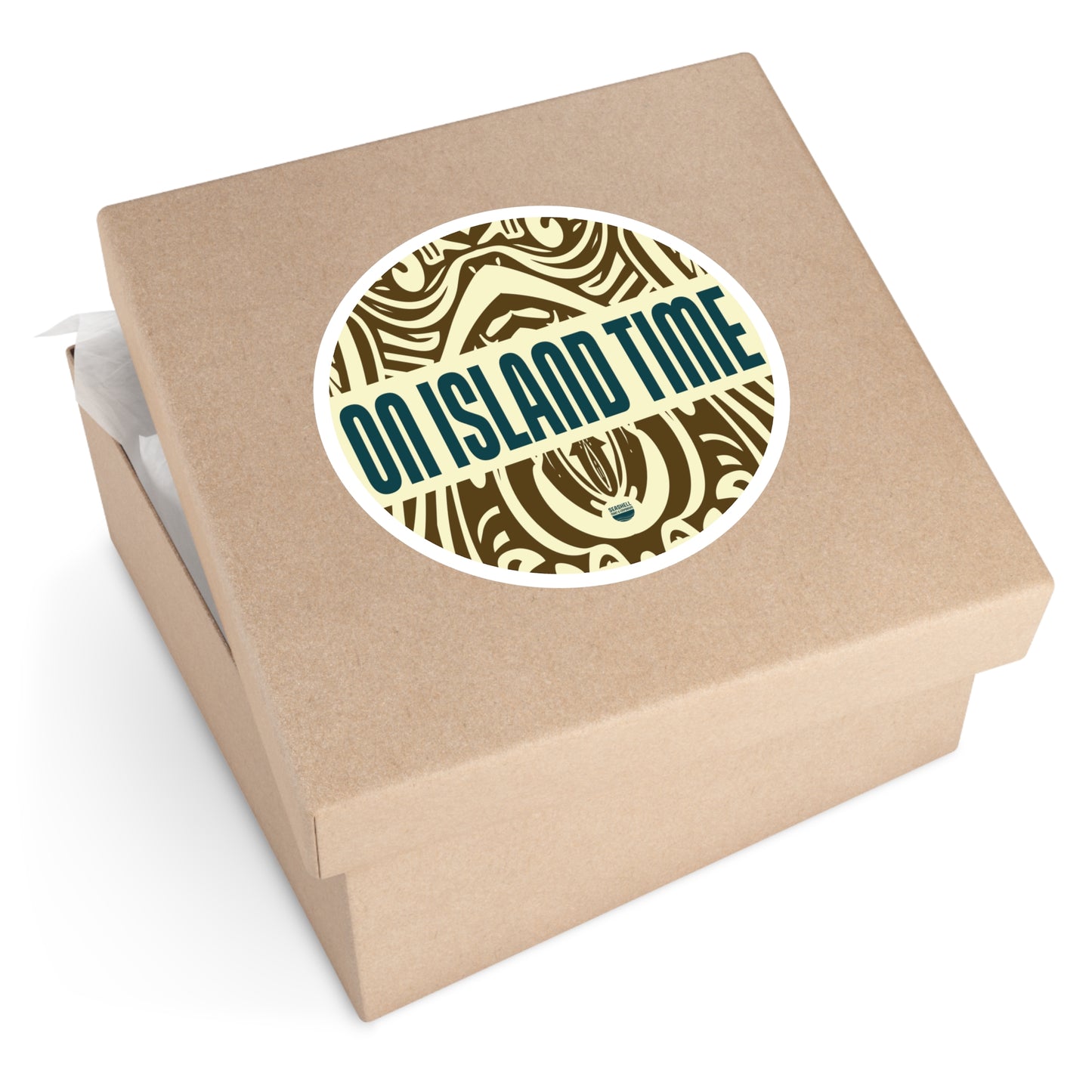 Island Time Tiki Round Sticker (Premium Vinyl Beach Sticker By Seashell Mart And Emporium) - 5 sizes