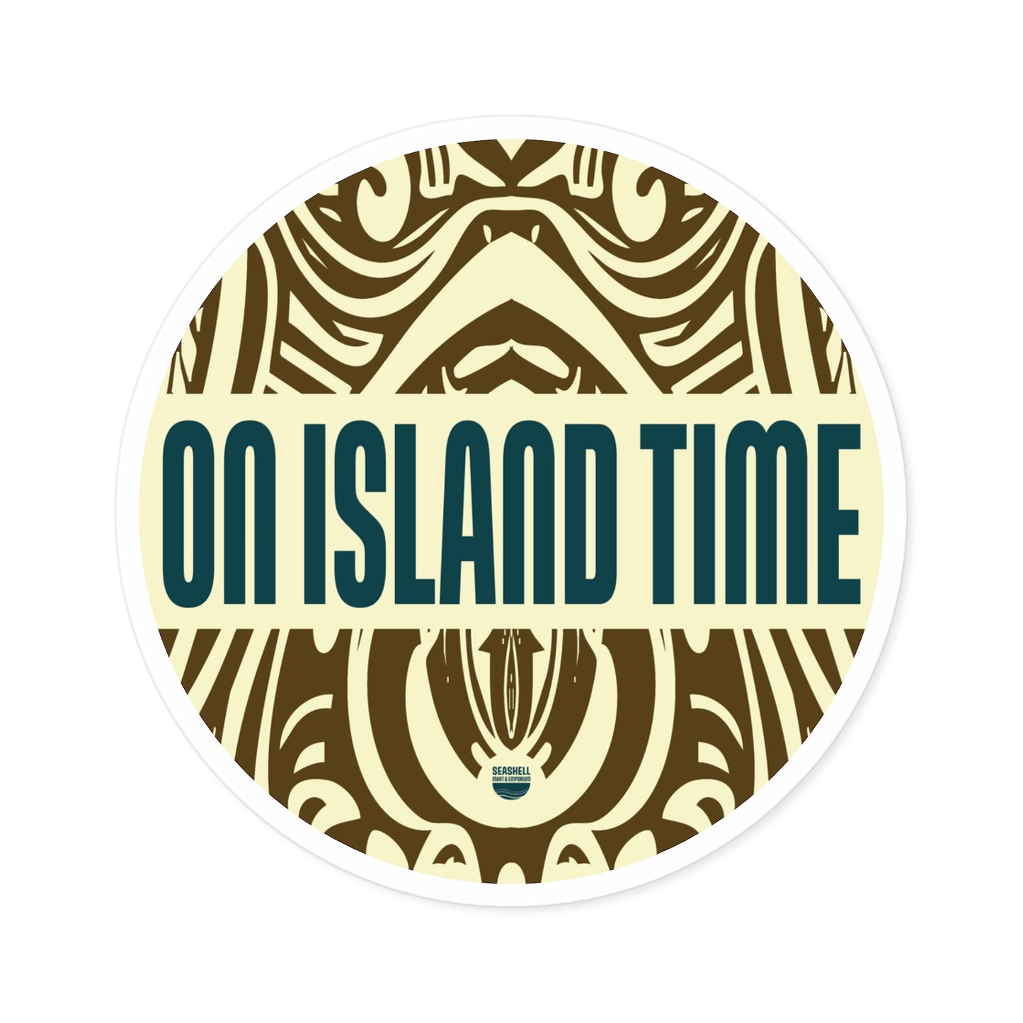 Island Time Tiki Round Sticker (Premium Vinyl Beach Sticker By Seashell Mart And Emporium) - 5 sizes