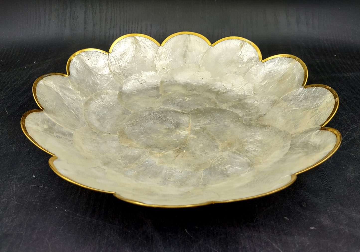 Gold Edged Round Capiz Shell Dish (One shell dish approx. 10 inches) Copyright 2024 SeashellSupply.com