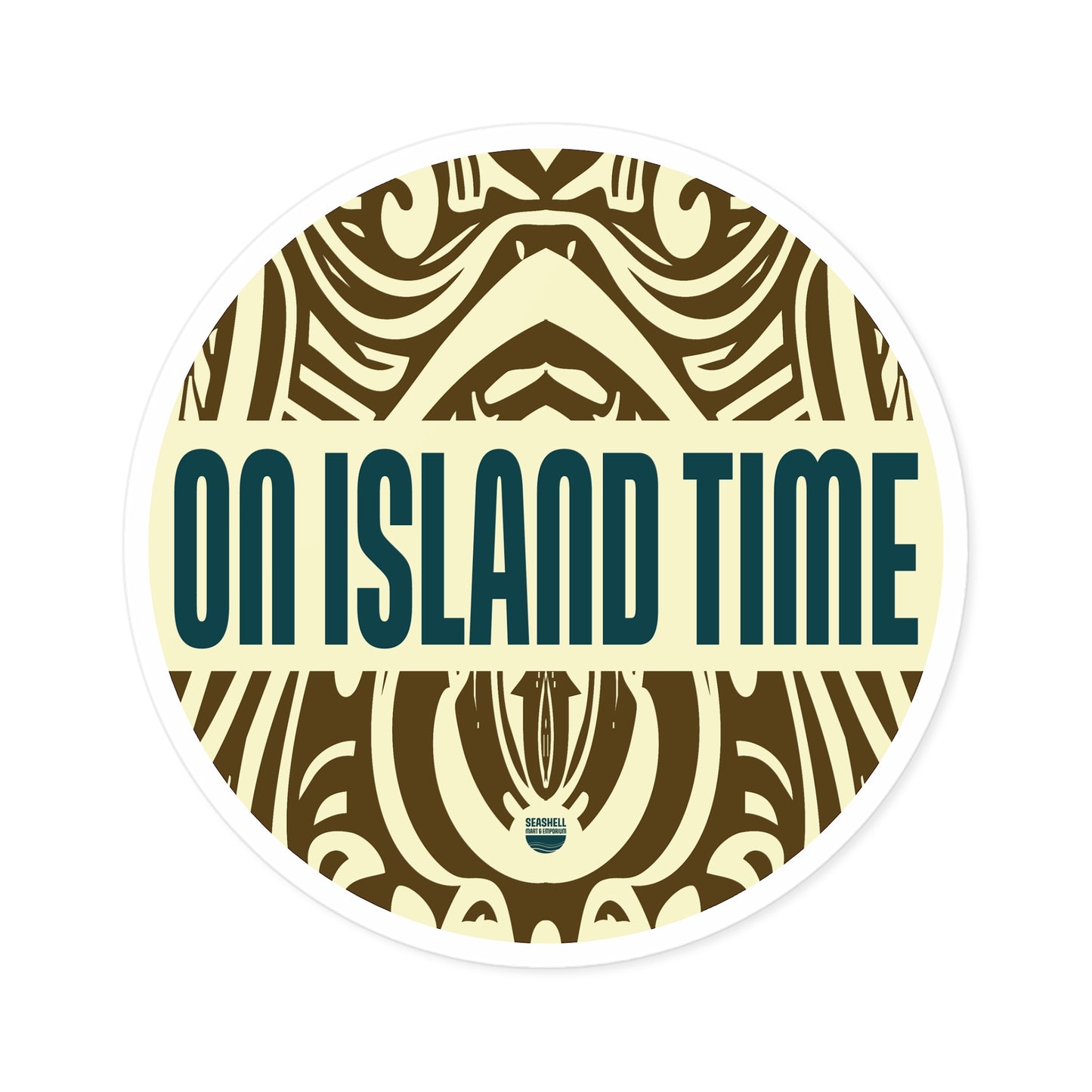 Island Time Tiki Round Sticker (Premium Vinyl Beach Sticker By Seashell Mart And Emporium) - 5 sizes