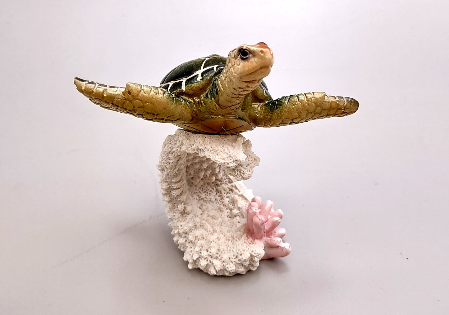 Green Sea Turtle Figurine on Coral Painted Resin (1 turtle approx. 5+ inches) Green Painted Resin Turtle Figure for coastal home décor!
