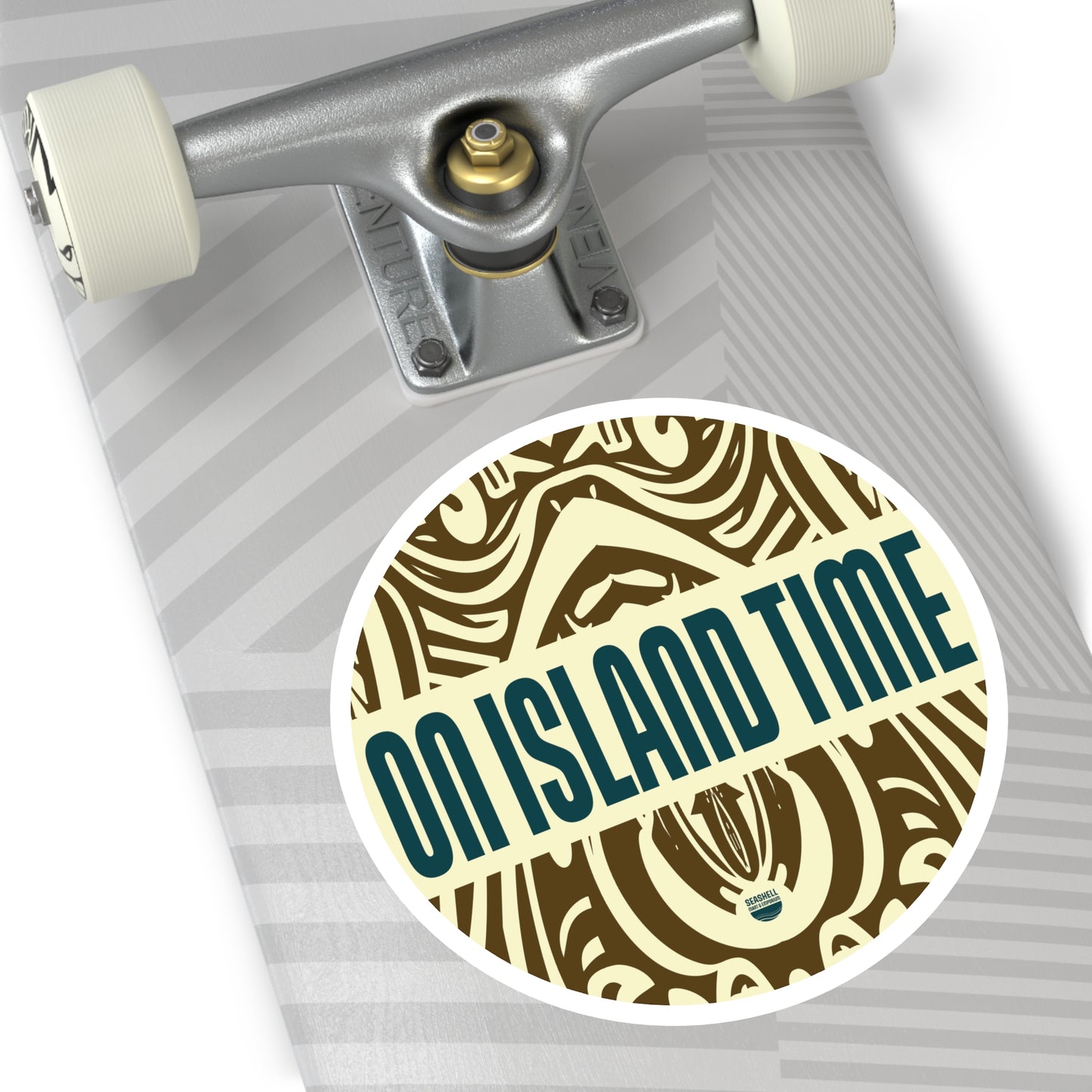 Island Time Tiki Round Sticker (Premium Vinyl Beach Sticker By Seashell Mart And Emporium) - 5 sizes