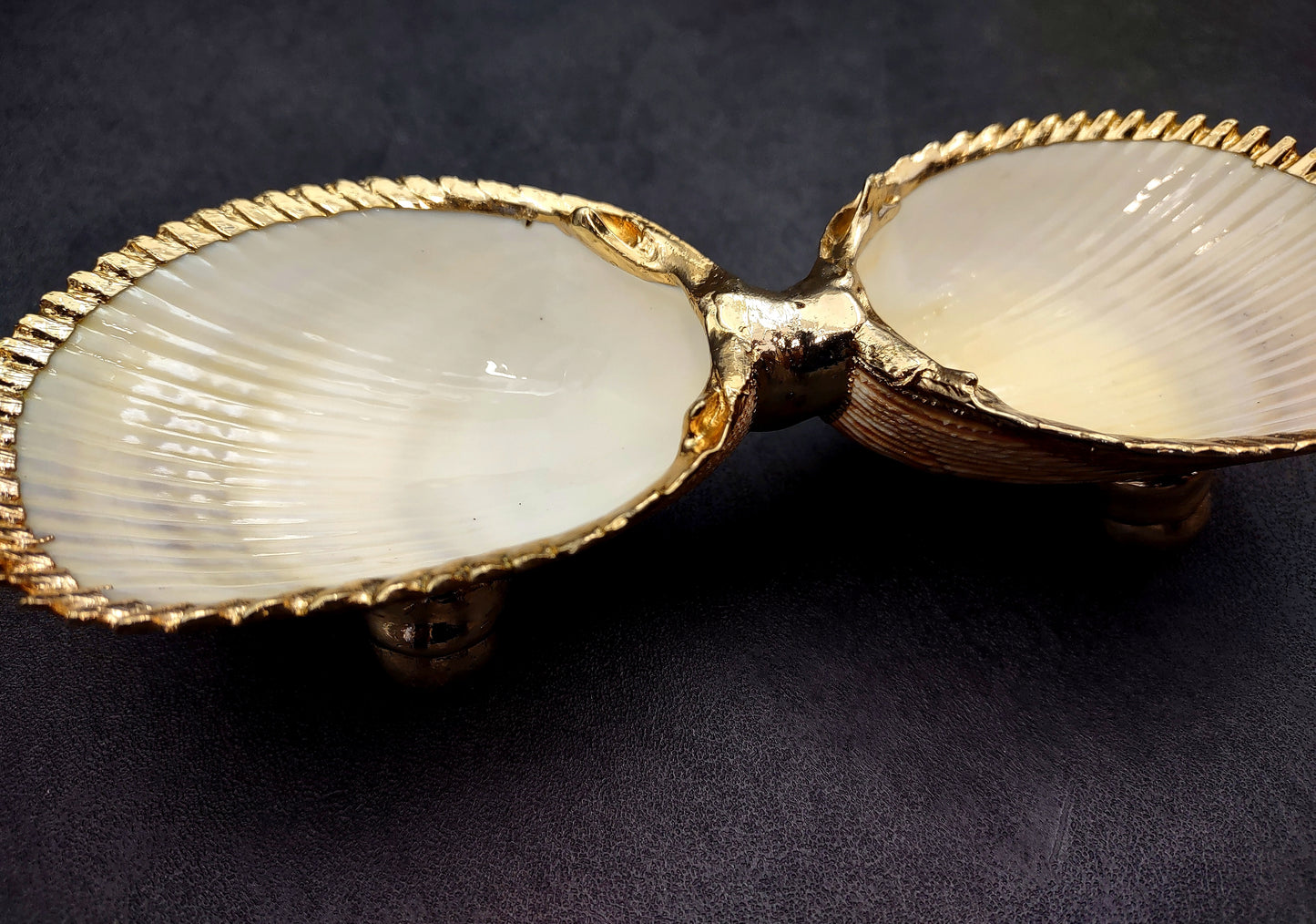 Gold-Plated Footed Duo Cockle Dish - Cardium Cardium - (1 Shell Dish approx. 6-7 inches) Two shells with gold plated decoration. Decorative retro dish. Copyright 2024 SeaShellSupply.com