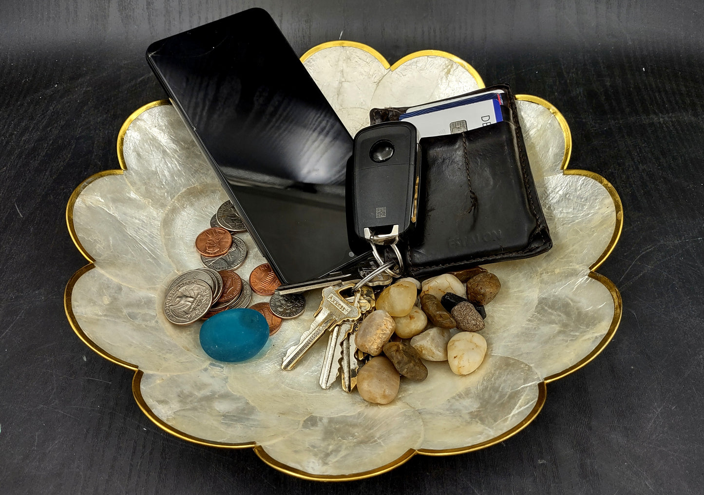 Gold Edged Round Capiz Shell Dish (One shell dish approx. 10 inches) Copyright 2024 SeashellSupply.com