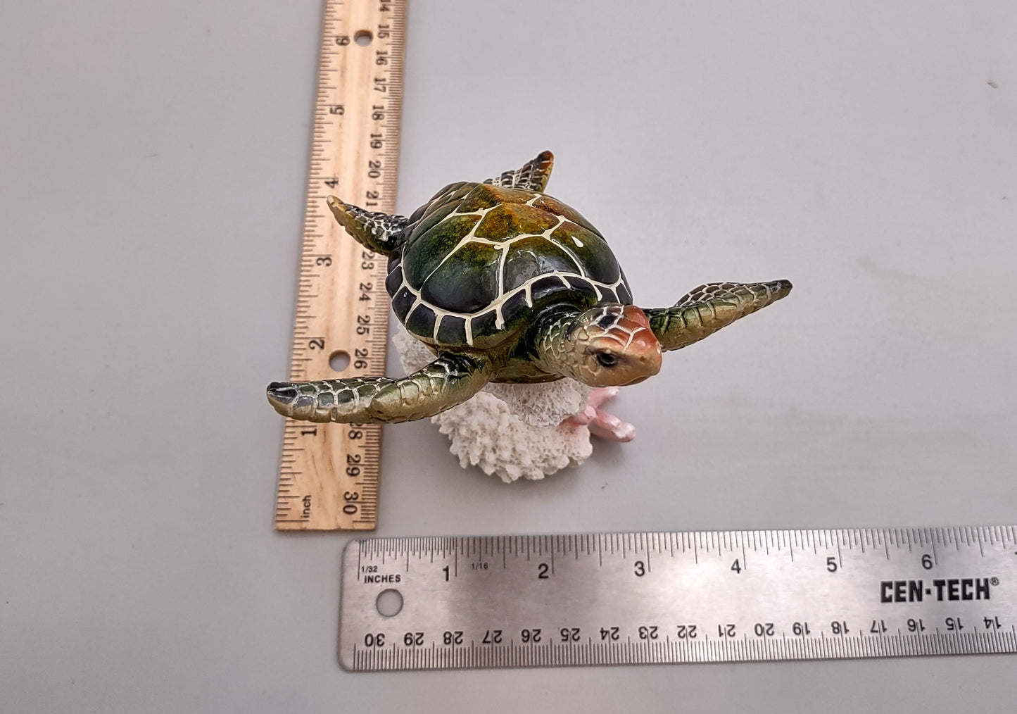 Green Sea Turtle Figurine on Coral Painted Resin (1 turtle approx. 5+ inches) Green Painted Resin Turtle Figure for coastal home décor!
