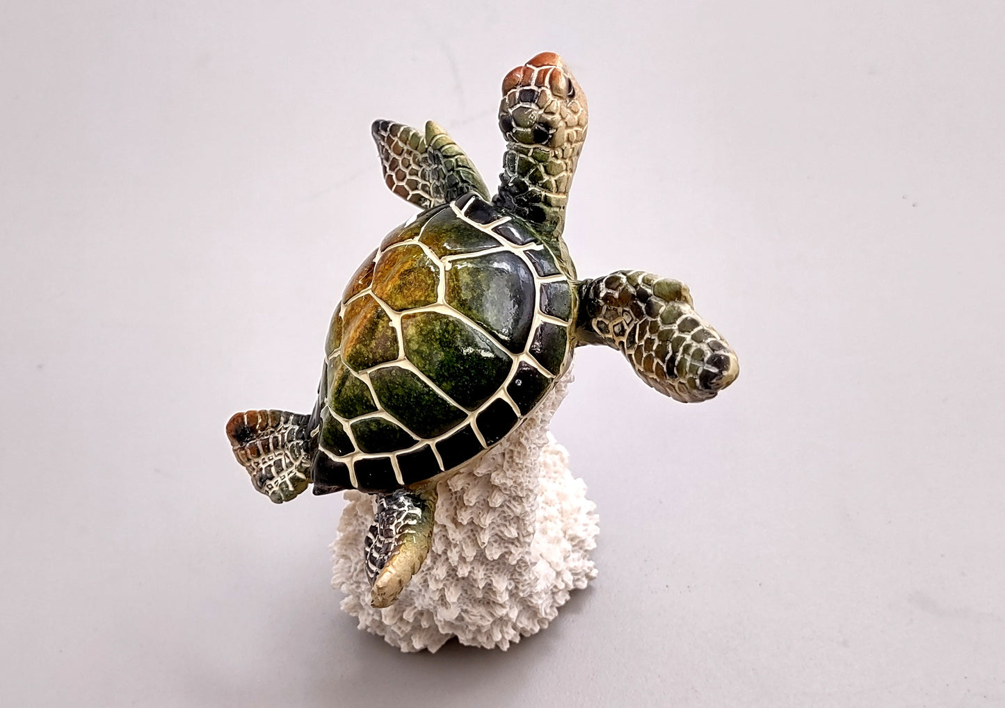 Green Sea Turtle Figurine on Coral Painted Resin (1 turtle approx. 5+ inches) Green Painted Resin Turtle Figure for coastal home décor!