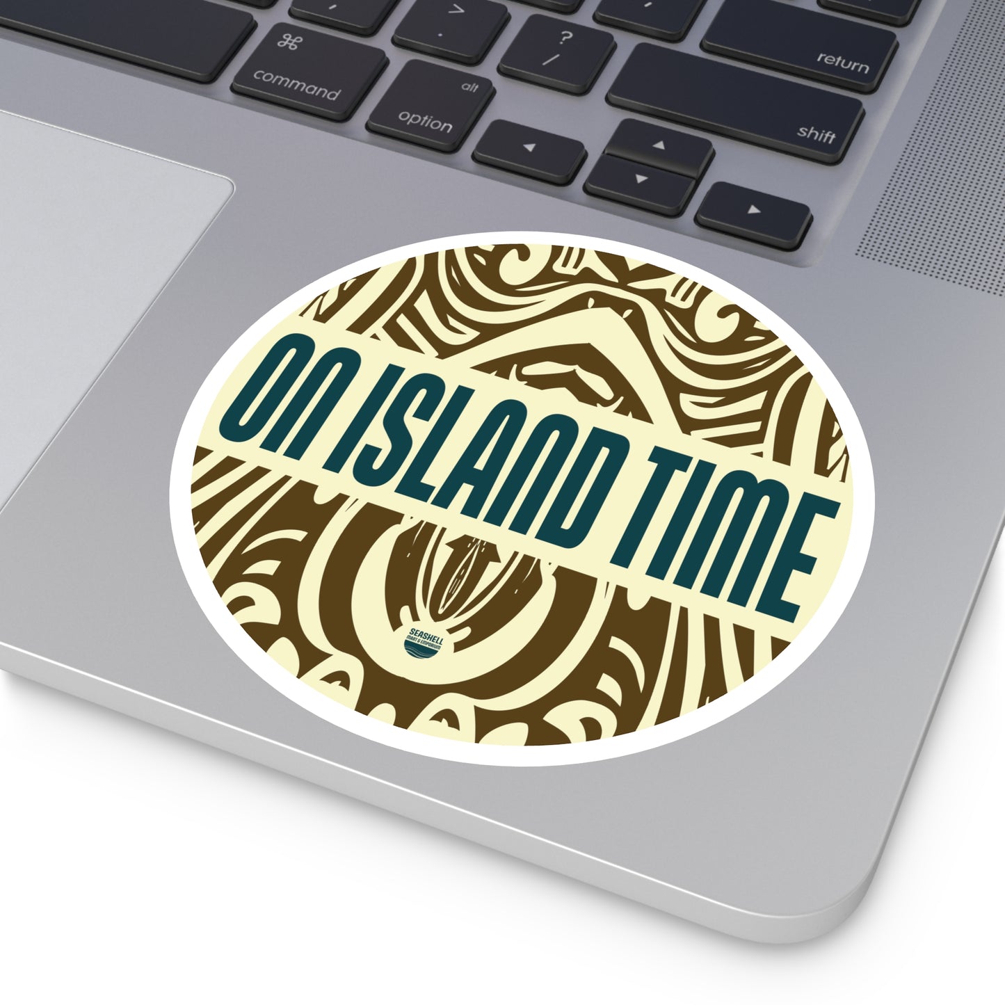 Island Time Tiki Round Sticker (Premium Vinyl Beach Sticker By Seashell Mart And Emporium) - 5 sizes