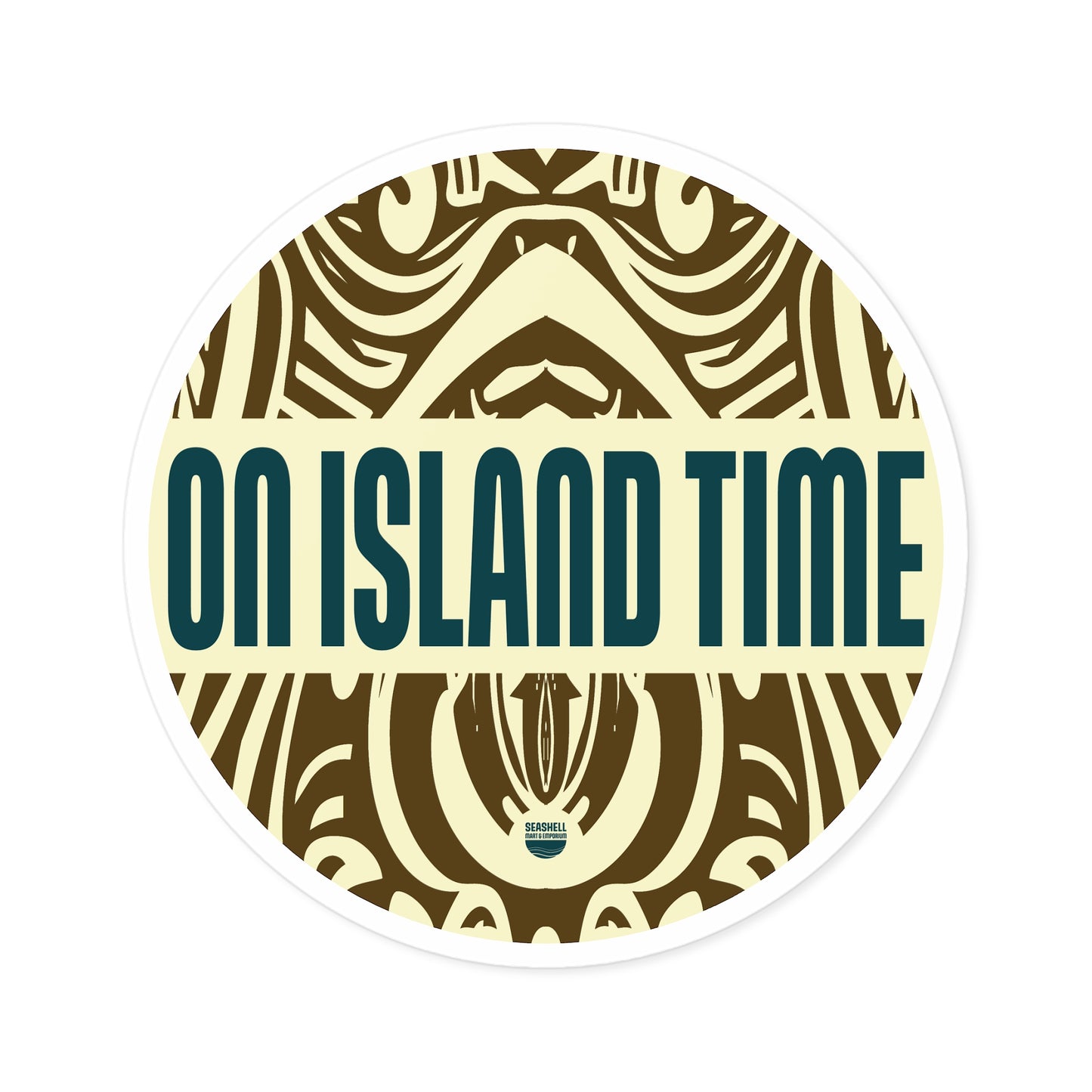Island Time Tiki Round Sticker (Premium Vinyl Beach Sticker By Seashell Mart And Emporium) - 5 sizes