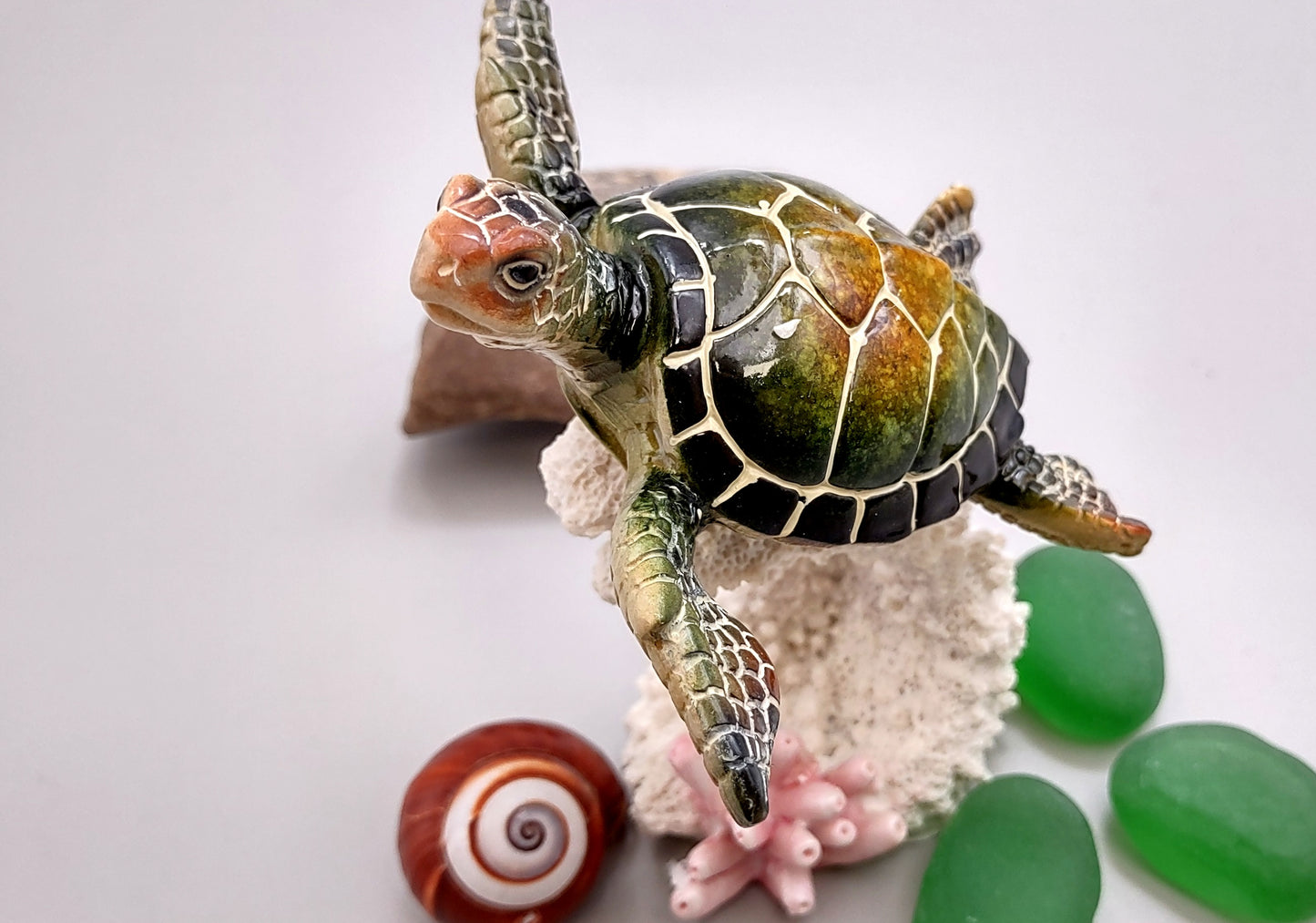 Green Sea Turtle Figurine on Coral Painted Resin (1 turtle approx. 5+ inches) Green Painted Resin Turtle Figure for coastal home décor!