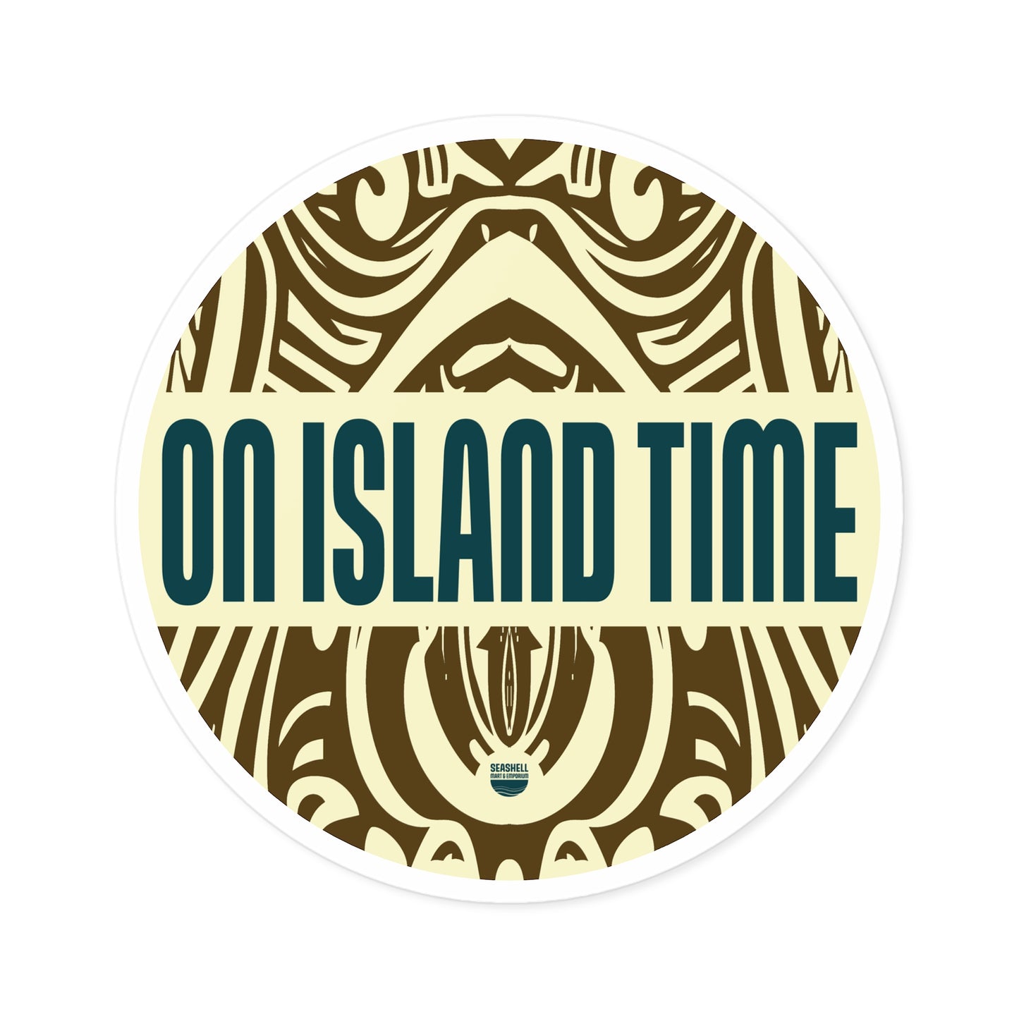 Island Time Tiki Round Sticker (Premium Vinyl Beach Sticker By Seashell Mart And Emporium) - 5 sizes