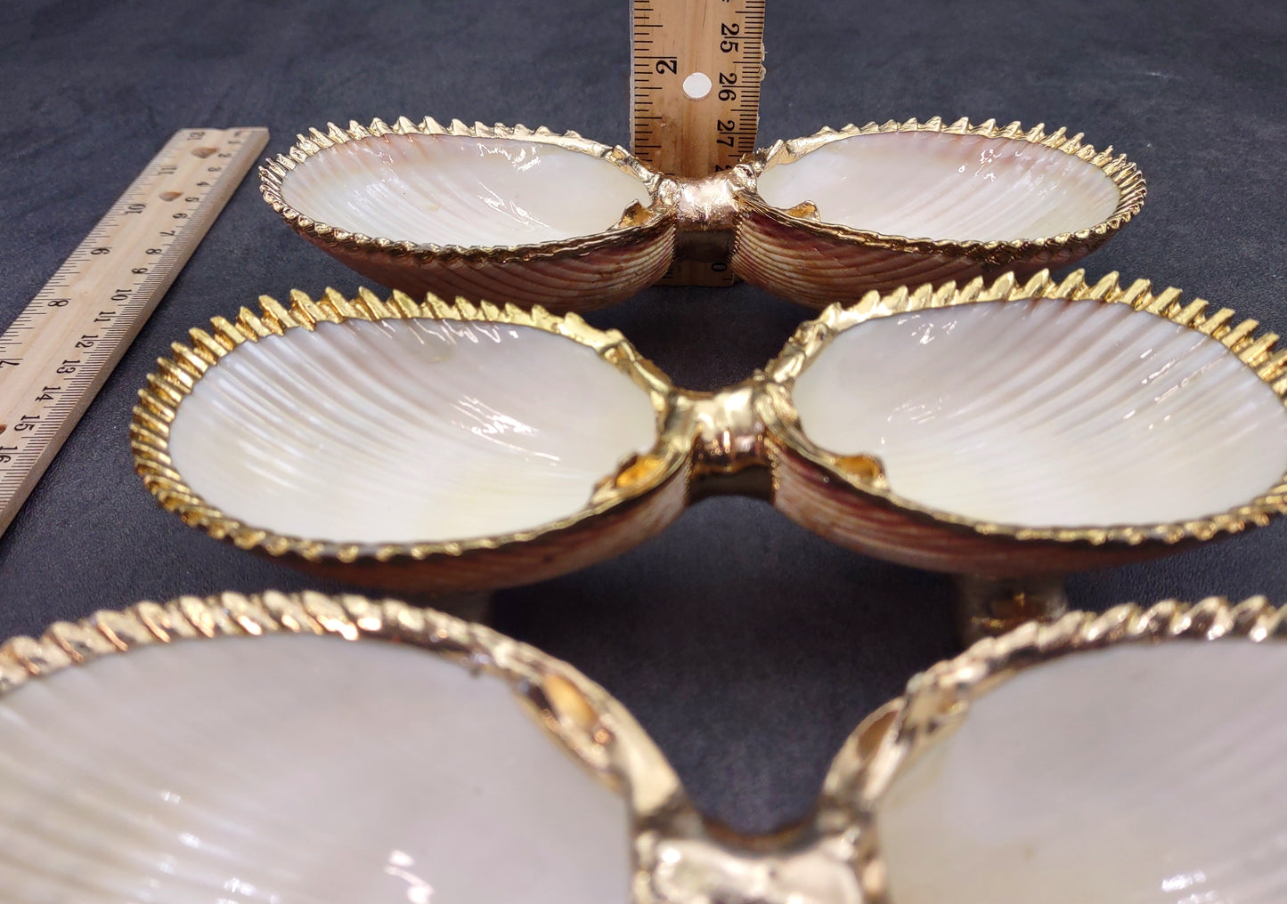 Gold-Plated Footed Duo Cockle Dish - Cardium Cardium - (1 Shell Dish approx. 6-7 inches) Two shells with gold plated decoration. Decorative retro dish. Copyright 2024 SeaShellSupply.com