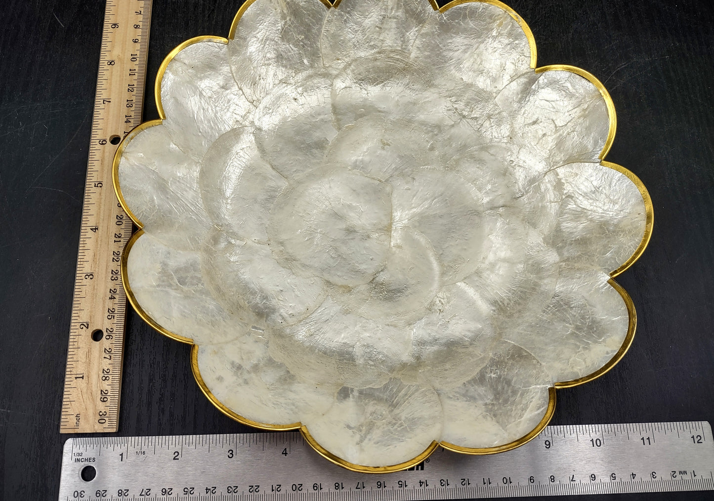 Gold Edged Round Capiz Shell Dish (One shell dish approx. 10 inches) Copyright 2024 SeashellSupply.com