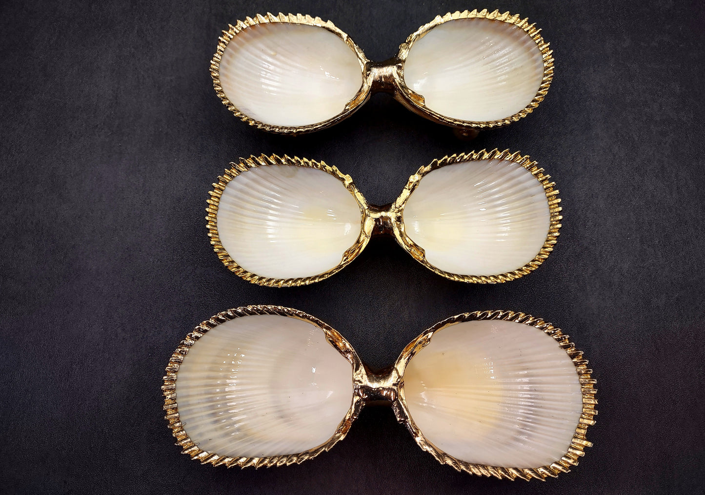 Gold-Plated Footed Duo Cockle Dish - Cardium Cardium - (1 Shell Dish approx. 6-7 inches) Two shells with gold plated decoration. Decorative retro dish. Copyright 2024 SeaShellSupply.com