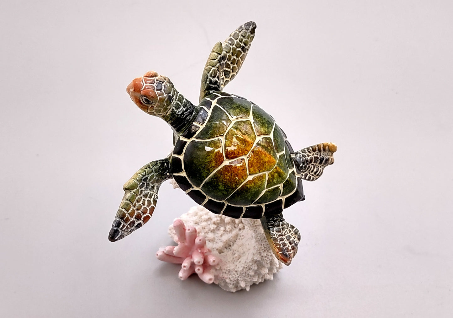 Green Sea Turtle Figurine on Coral Painted Resin (1 turtle approx. 5+ inches) Green Painted Resin Turtle Figure for coastal home décor!