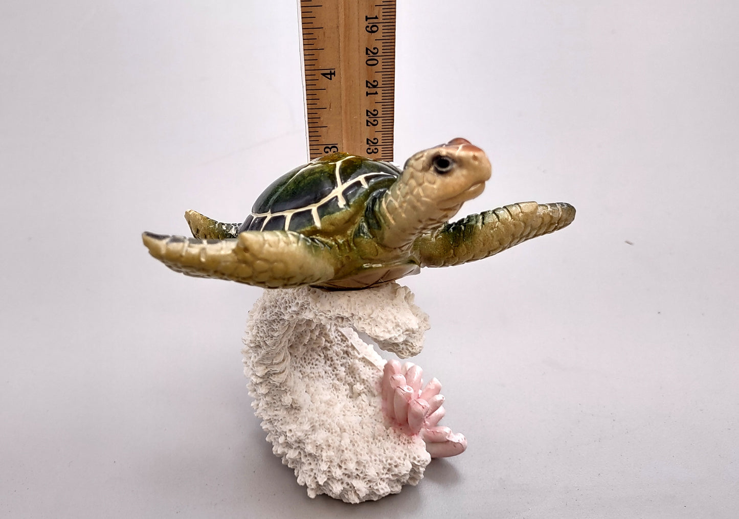 Green Sea Turtle Figurine on Coral Painted Resin (1 turtle approx. 5+ inches) Green Painted Resin Turtle Figure for coastal home décor!