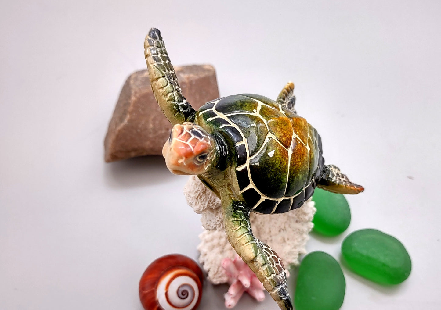 Green Sea Turtle Figurine on Coral Painted Resin (1 turtle approx. 5+ inches) Green Painted Resin Turtle Figure for coastal home décor!