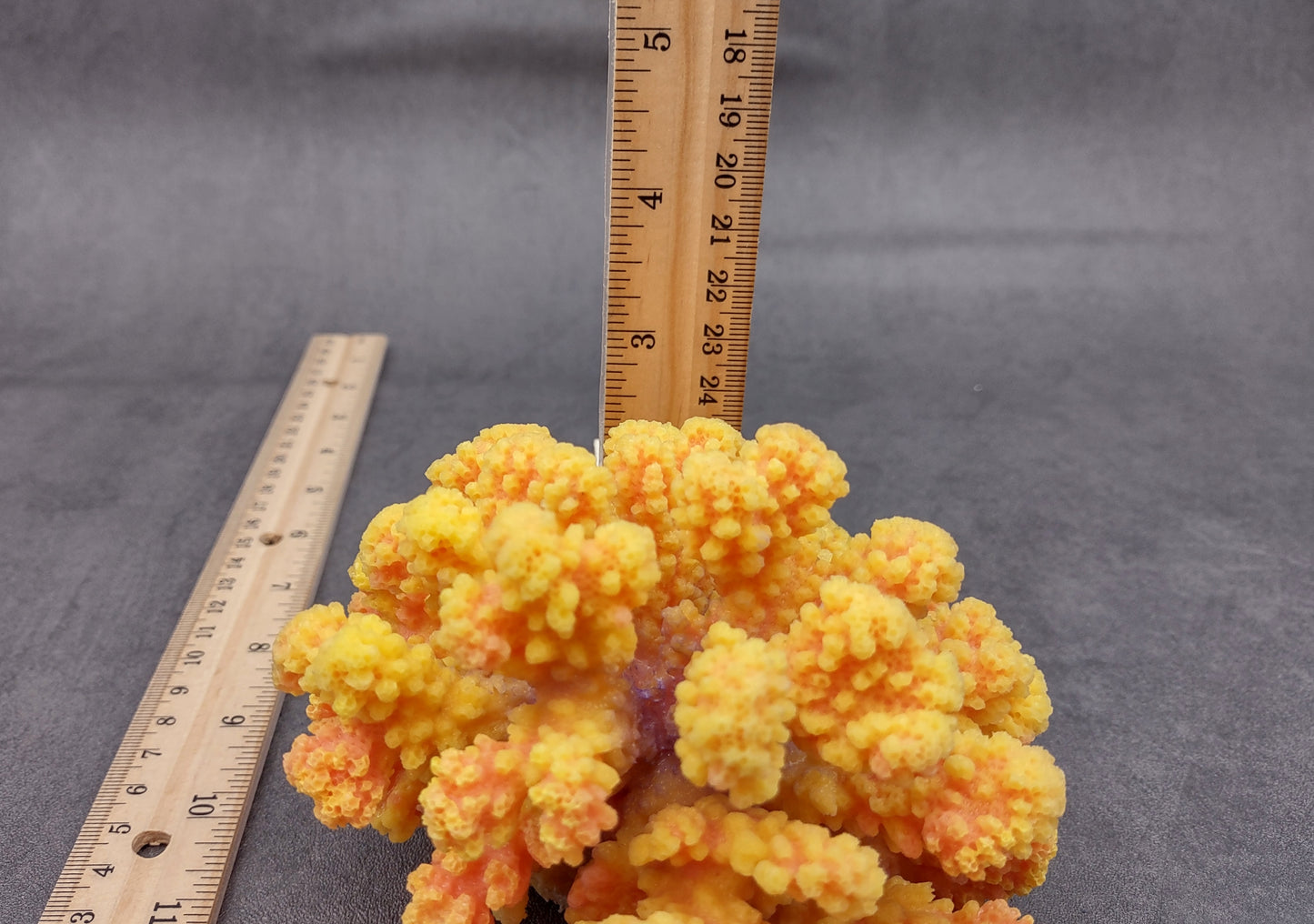 Yellow Faux Coral Cluster - Pocillopora Elegans - (1 FAUX Coral approx. 5Wx3Dx4T). Orange and pink tinted fluffy heavily textured coral cluster with many arms. Copyright 2024 SeaShellSupply.c