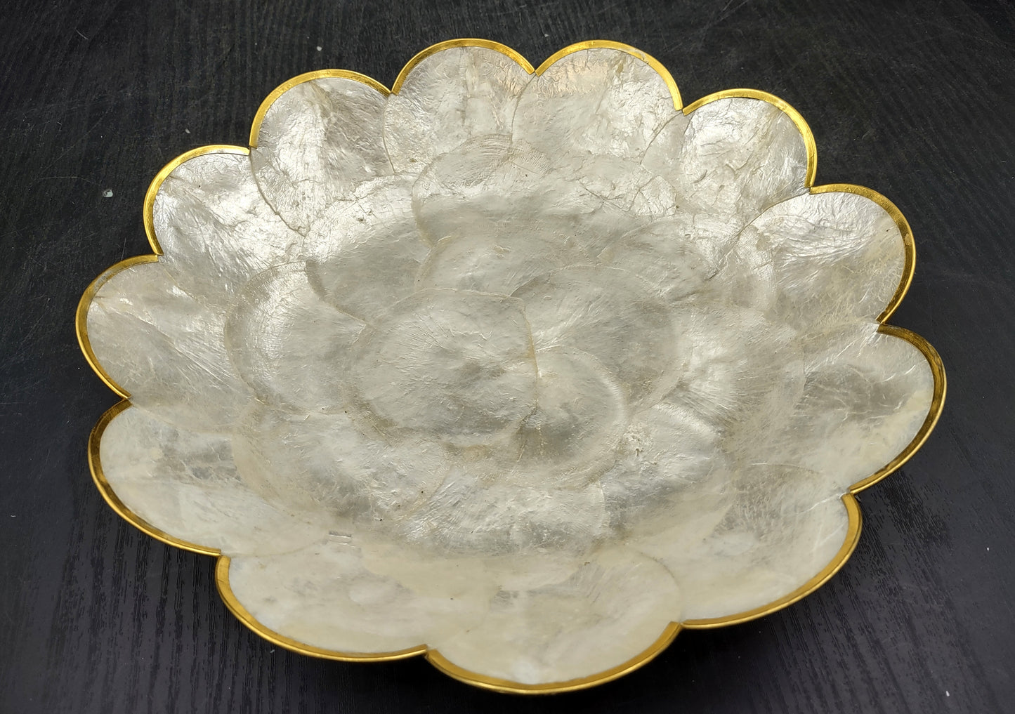 Gold Edged Round Capiz Shell Dish (One shell dish approx. 10 inches) Copyright 2024 SeashellSupply.com