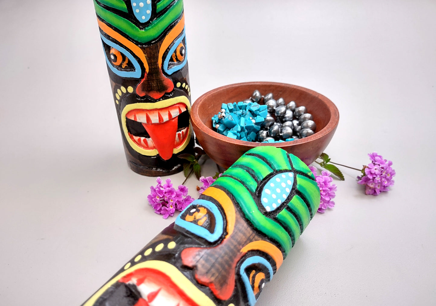 Tropical Tiki Face Totem Painted Palm (1 pole approx. 6 inches tall) Painted Tiki Face Totem Pole for colorful island home decor!