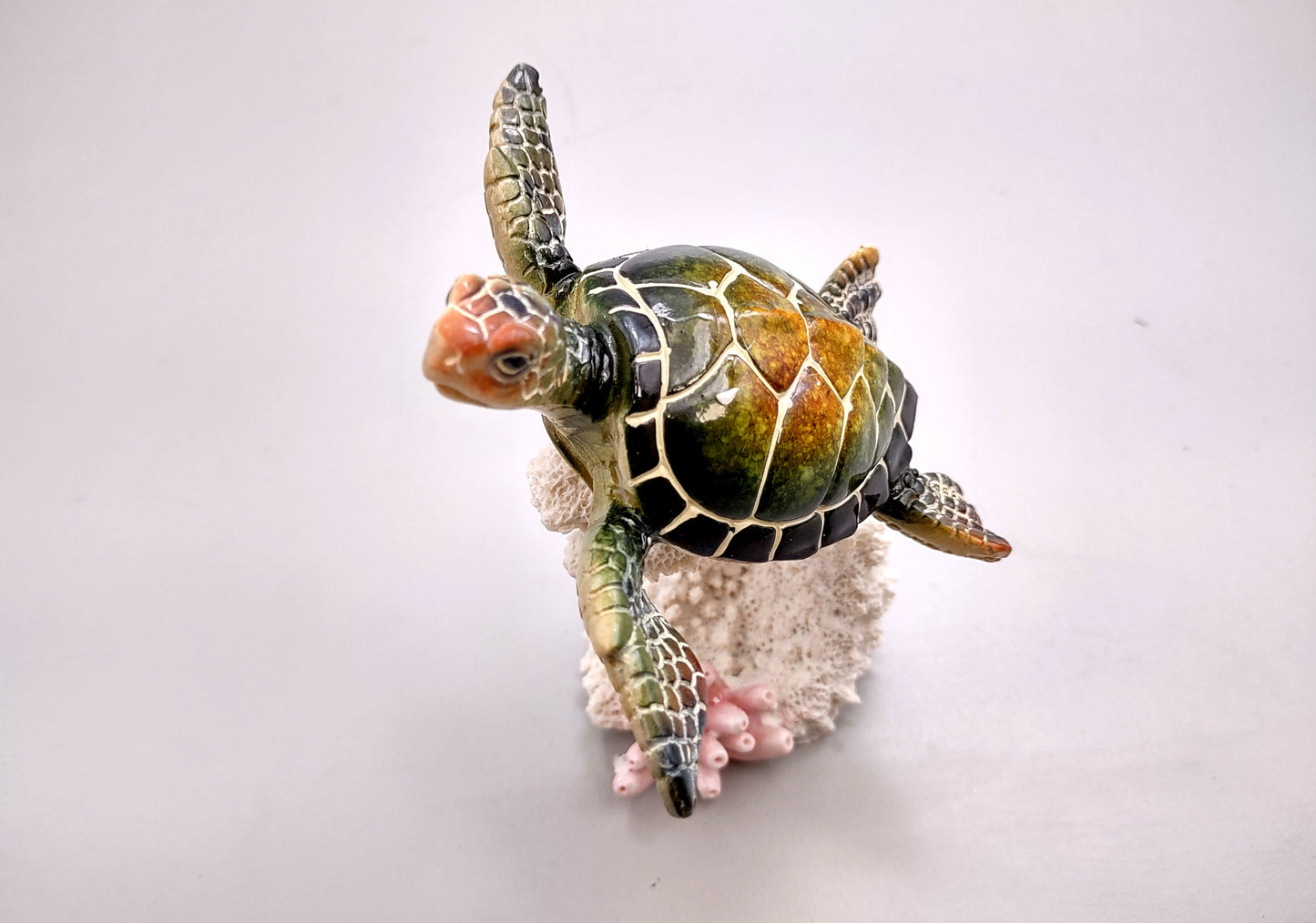 Green Sea Turtle Figurine on Coral Painted Resin (1 turtle approx. 5+ inches) Green Painted Resin Turtle Figure for coastal home décor!