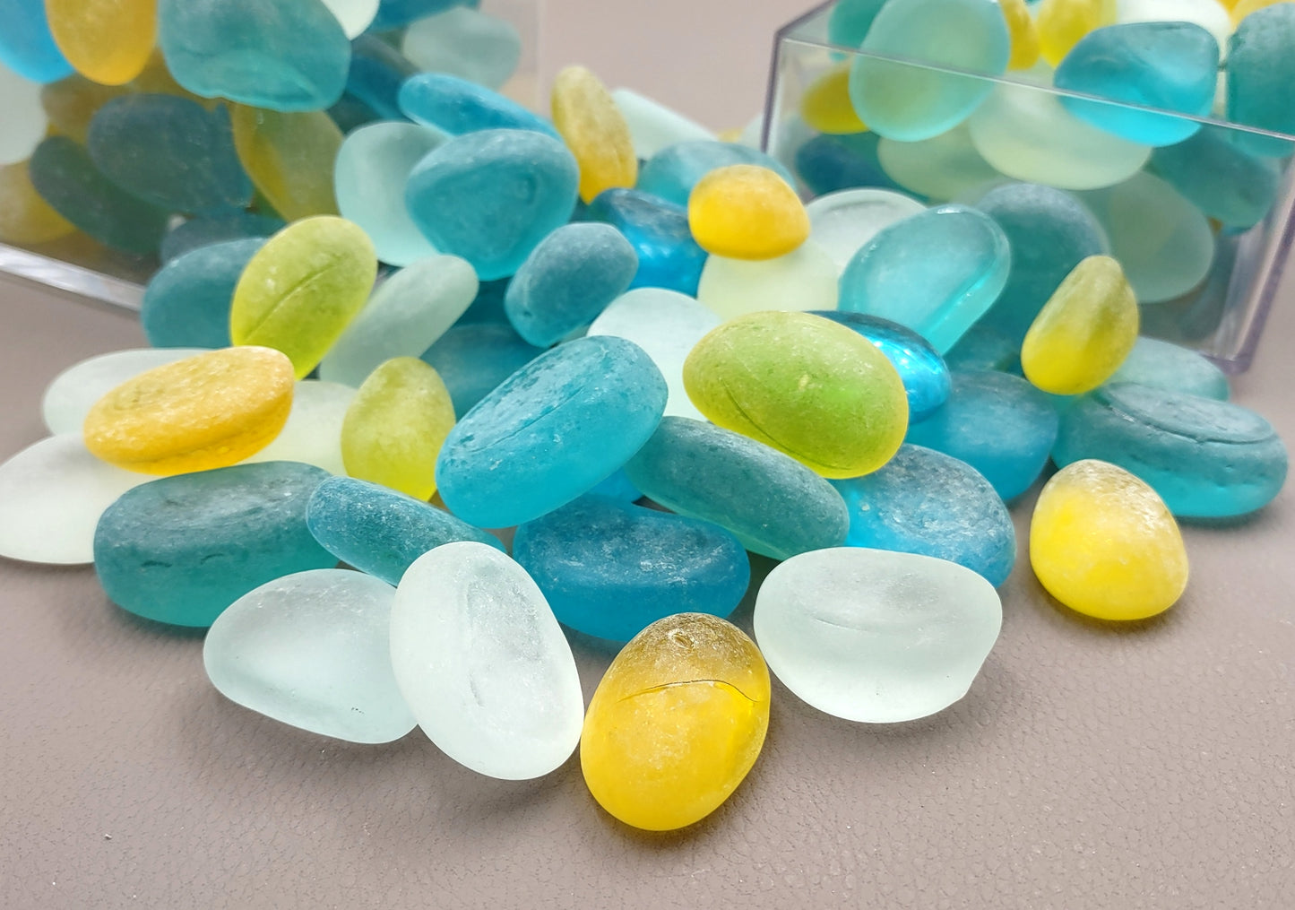 Sea Glass Blue Yellow White Assorted Frosted Tumbled Rounded Pebbles (approx. 1 kilogram 1+ inches) Man Made Beach Glass for crafts & more!