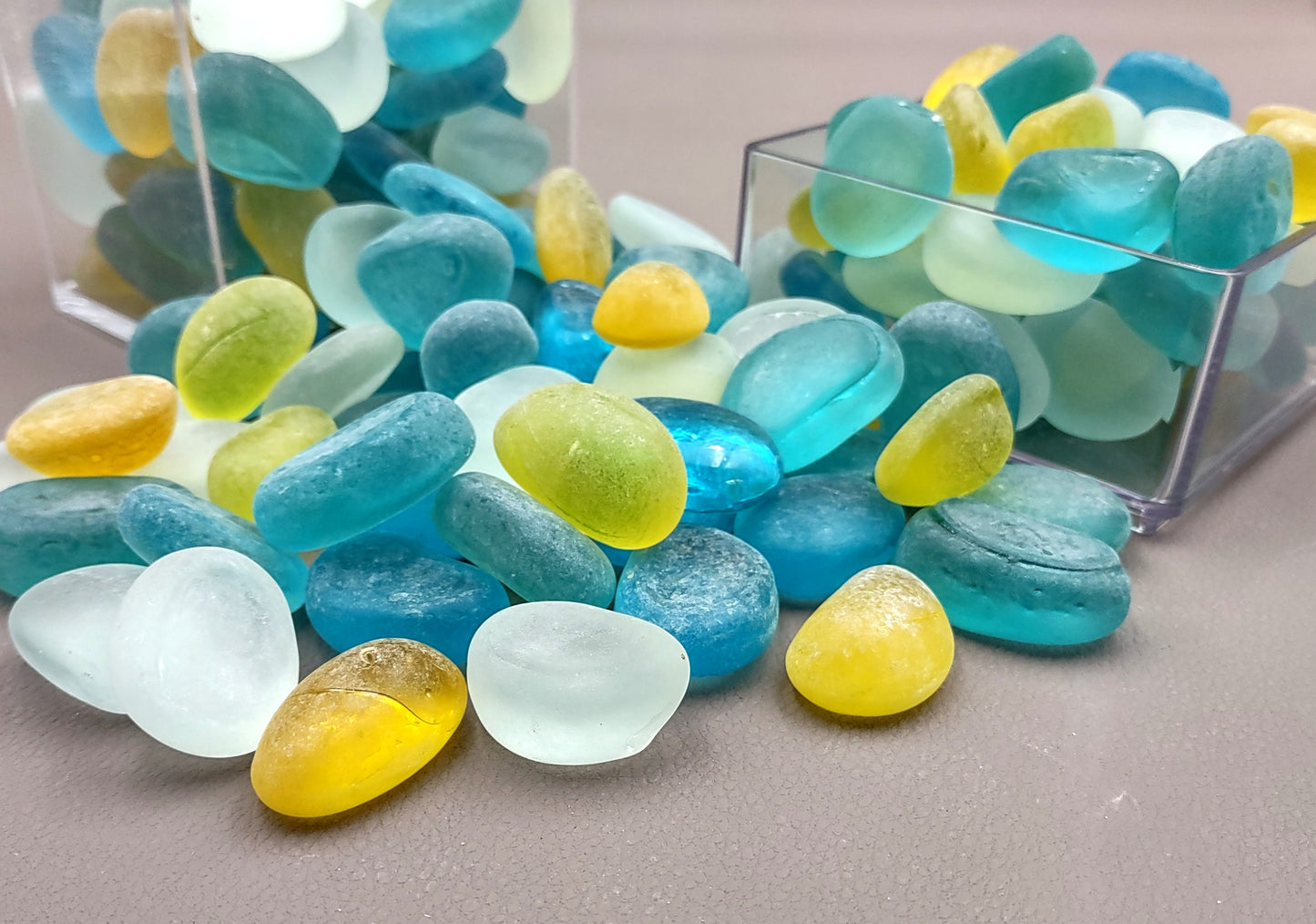 Sea Glass Blue Yellow White Assorted Frosted Tumbled Rounded Pebbles (approx. 1 kilogram 1+ inches) Man Made Beach Glass for crafts & more!
