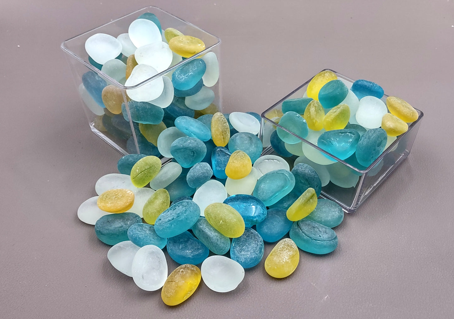 Sea Glass Blue Yellow White Assorted Frosted Tumbled Rounded Pebbles (approx. 1 kilogram 1+ inches) Man Made Beach Glass for crafts & more!