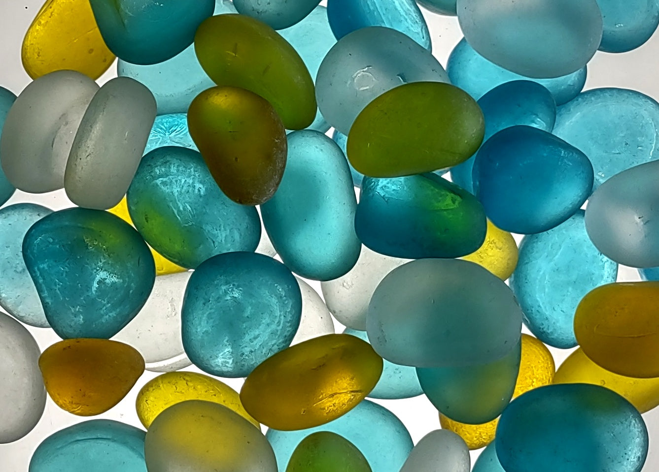 Sea Glass Blue Yellow White Assorted Frosted Tumbled Rounded Pebbles (approx. 1 kilogram 1+ inches) Man Made Beach Glass for crafts & more!