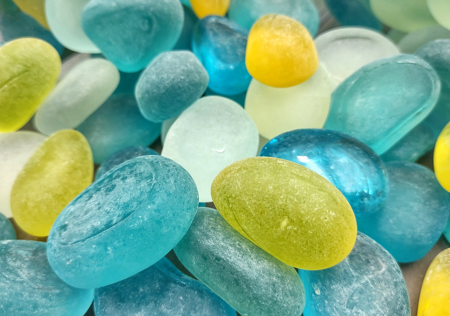 Sea Glass Blue Yellow White Assorted Frosted Tumbled Rounded Pebbles (approx. 1 kilogram 1+ inches) Man Made Beach Glass for crafts & more!