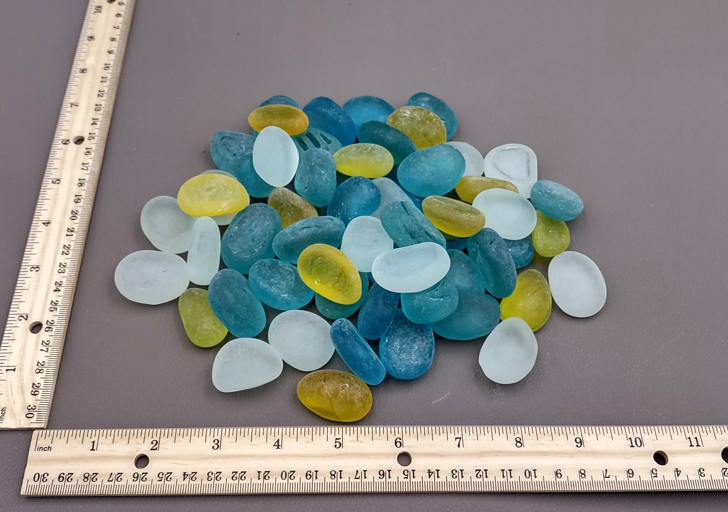 Sea Glass Blue Yellow White Assorted Frosted Tumbled Rounded Pebbles (approx. 1 kilogram 1+ inches) Man Made Beach Glass for crafts & more!
