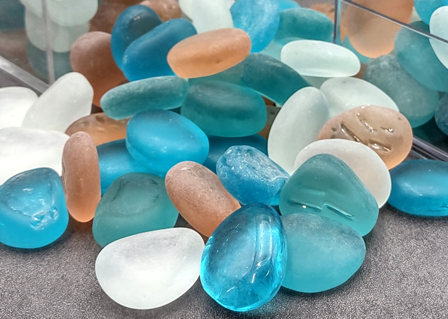 Sea Glass Blue Peach White Assorted Frosted Tumbled Rounded Pebbles (approx. 1 kilogram 1+ inches) Man Made Beach Glass for crafts & more!