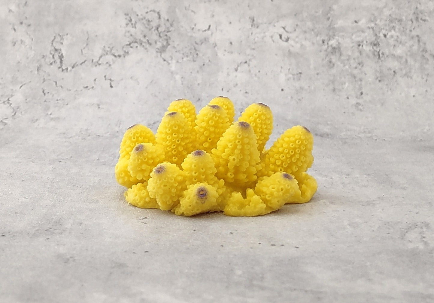 Yellow Cluster FAUX Coral - Acropora Monticulosa - (1 Fake Coral approx. 2Wx3Dx2T) on grey background. Copyright 2022 SeaShellSupply.com.
