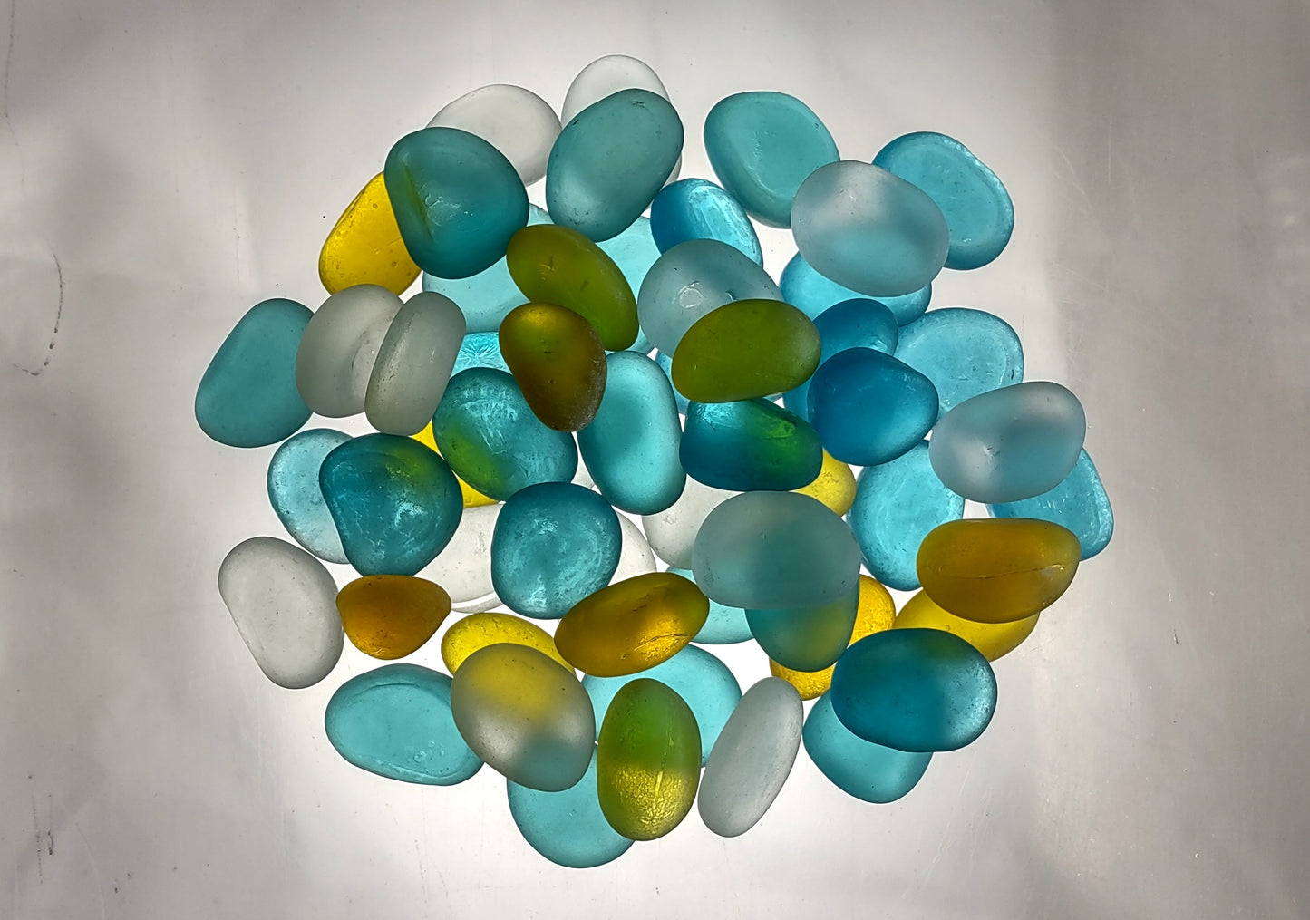 Sea Glass Blue Yellow White Assorted Frosted Tumbled Rounded Pebbles (approx. 1 kilogram 1+ inches) Man Made Beach Glass for crafts & more!