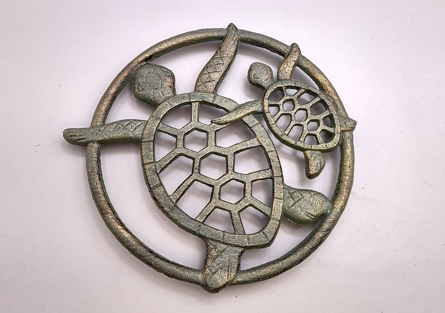 Sea Turtle Trivet Cast Iron Green Gold Weathered Hot Pad (1 trivet approx. 7 inches) Green Sea Turtle Pair Trivet for coastal dining table!