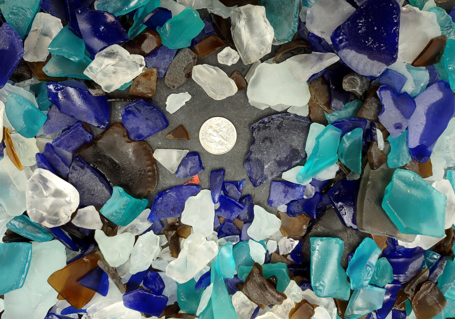 Sea Glass Blue Brown White Tumbled Rough Pacific Mix Assorted (approx. 1 kilogram 0.5-1+ inches) Man made rough beach glass fragments!
