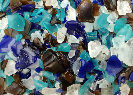 Sea Glass Blue Brown White Tumbled Rough Pacific Mix Assorted (approx. 1 kilogram 0.5-1+ inches) Man made rough beach glass fragments!