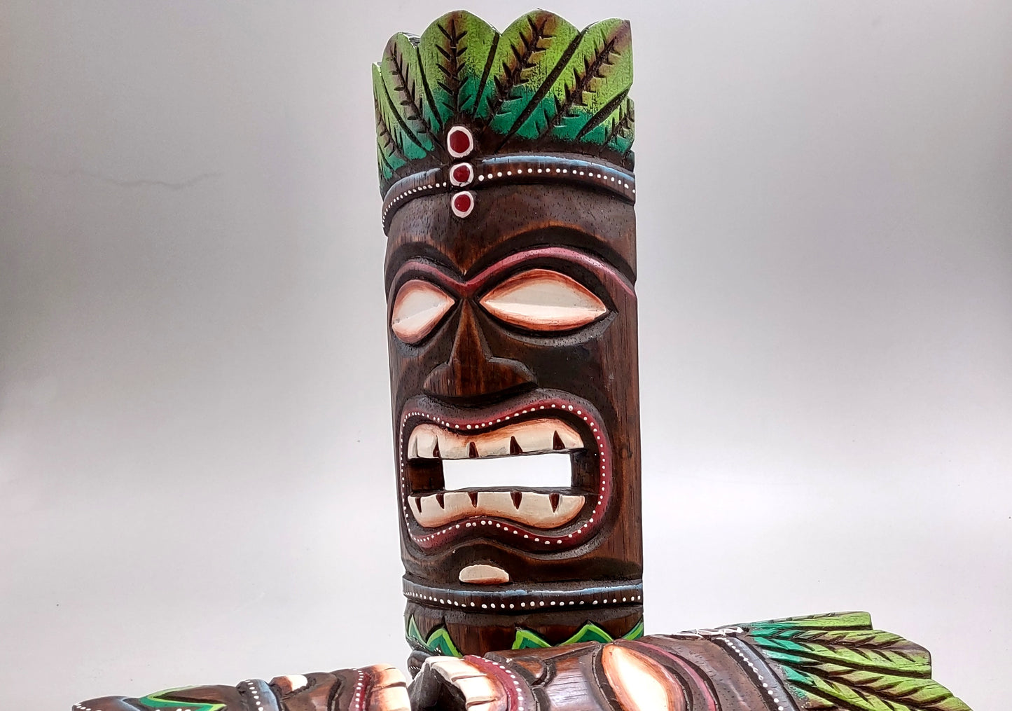 Tropical Tiki Mask Face Large Painted Wood Palm Crown (1 mask approx. 12 inches tall) Painted Tiki Mask hanging surfside home decoration!