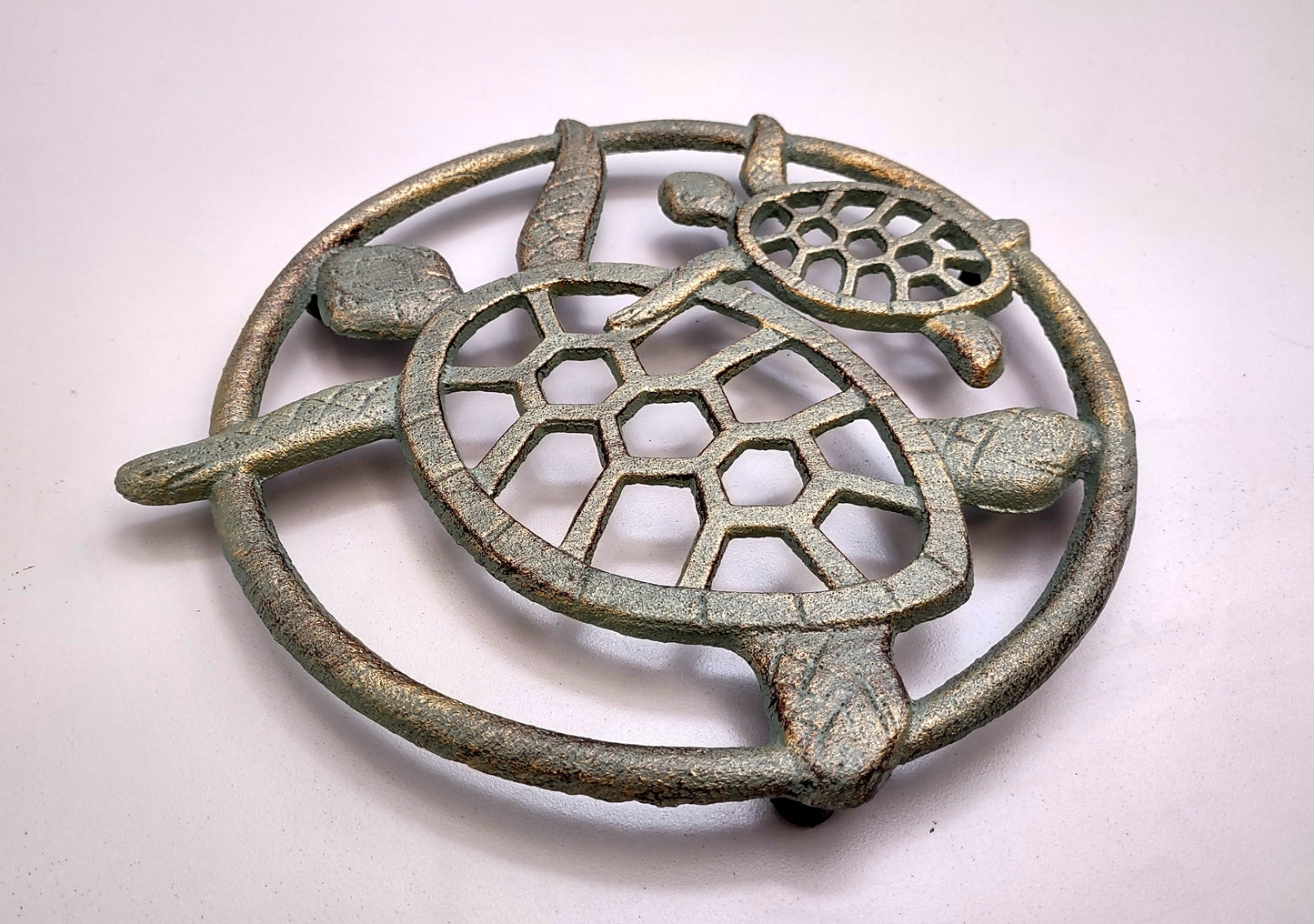 Sea Turtle Trivet Cast Iron Green Gold Weathered Hot Pad (1 trivet approx. 7 inches) Green Sea Turtle Pair Trivet for coastal dining table!