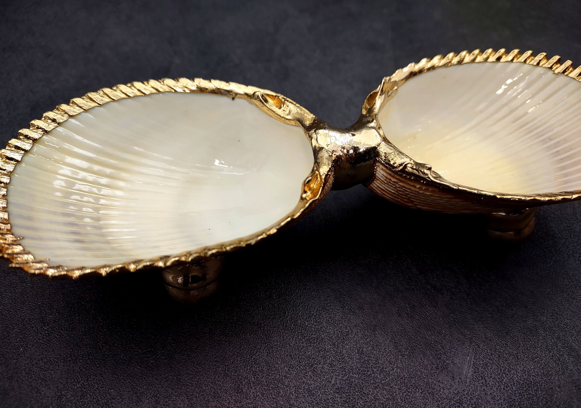 Gold-Plated Footed Duo Cockle Dish - Cardium Cardium - (1 Shell Dish approx. 6-7 inches) Two shells with gold plated decoration. Decorative retro dish. Copyright 2024 SeaShellSupply.com