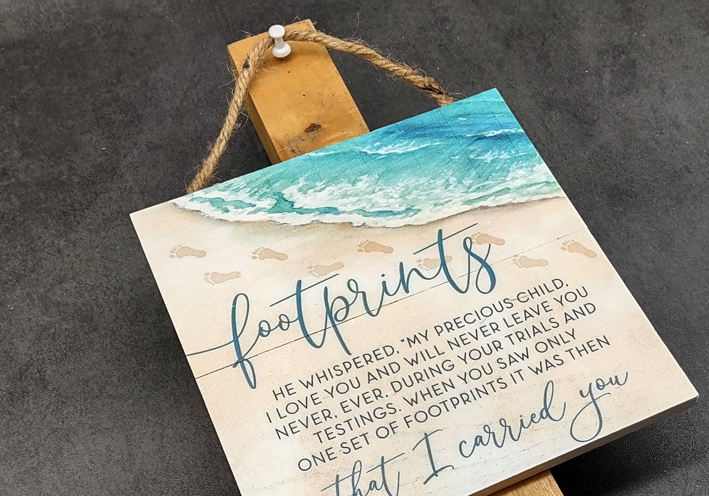 Beach Sign Footprints Poem Painted Wood (1 sign approx. 7x7 inches) Friendly ocean sign for coastal home wall decoration!