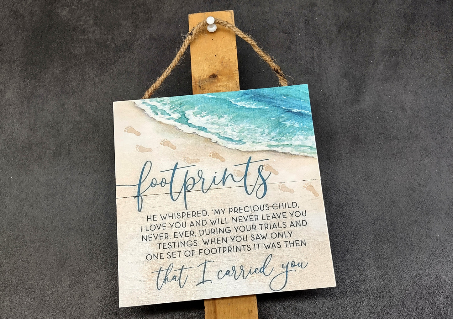 Beach Sign Footprints Poem Painted Wood (1 sign approx. 7x7 inches) Friendly ocean sign for coastal home wall decoration!