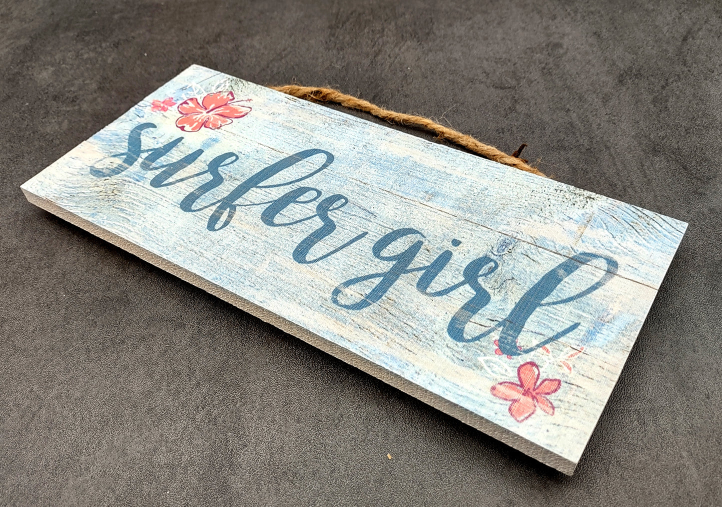Beach Sign Surfer Girl Weathered Painted Wood (1 sign approx. 10 inches long) Friendly sign for coastal home entryway wall decoration!