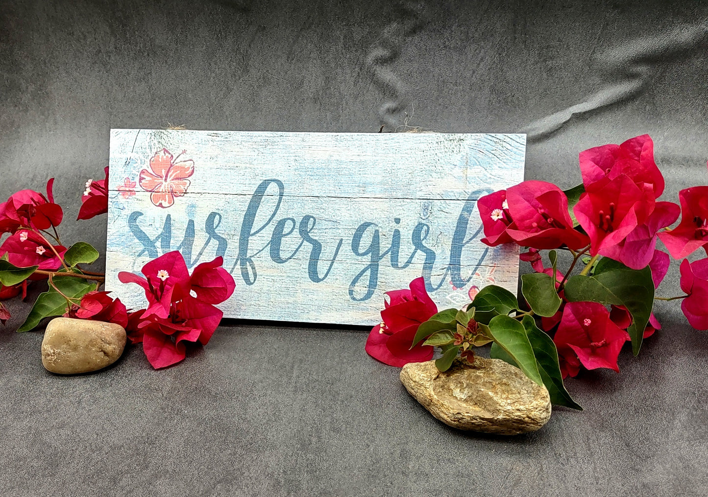 Beach Sign Surfer Girl Weathered Painted Wood (1 sign approx. 10 inches long) Friendly sign for coastal home entryway wall decoration!