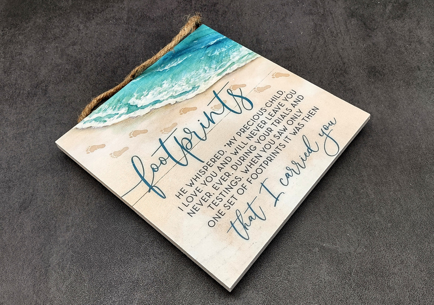 Beach Sign Footprints Poem Painted Wood (1 sign approx. 7x7 inches) Friendly ocean sign for coastal home wall decoration!