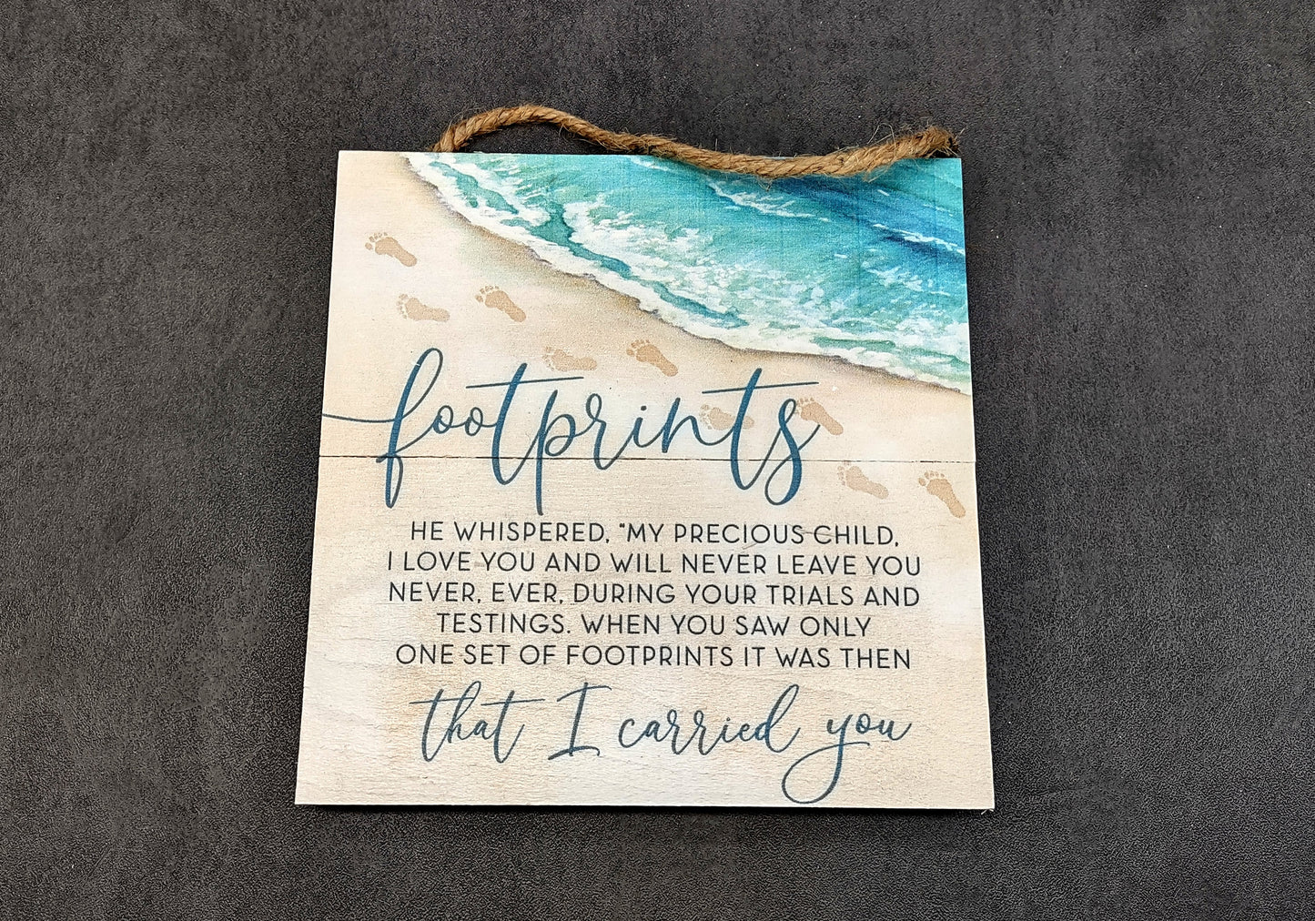 Beach Sign Footprints Poem Painted Wood (1 sign approx. 7x7 inches) Friendly ocean sign for coastal home wall decoration!