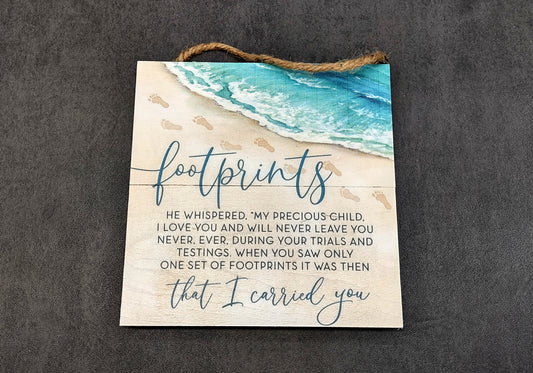 Beach Sign Footprints Poem Painted Wood (1 sign approx. 7x7 inches) Friendly ocean sign for coastal home wall decoration!