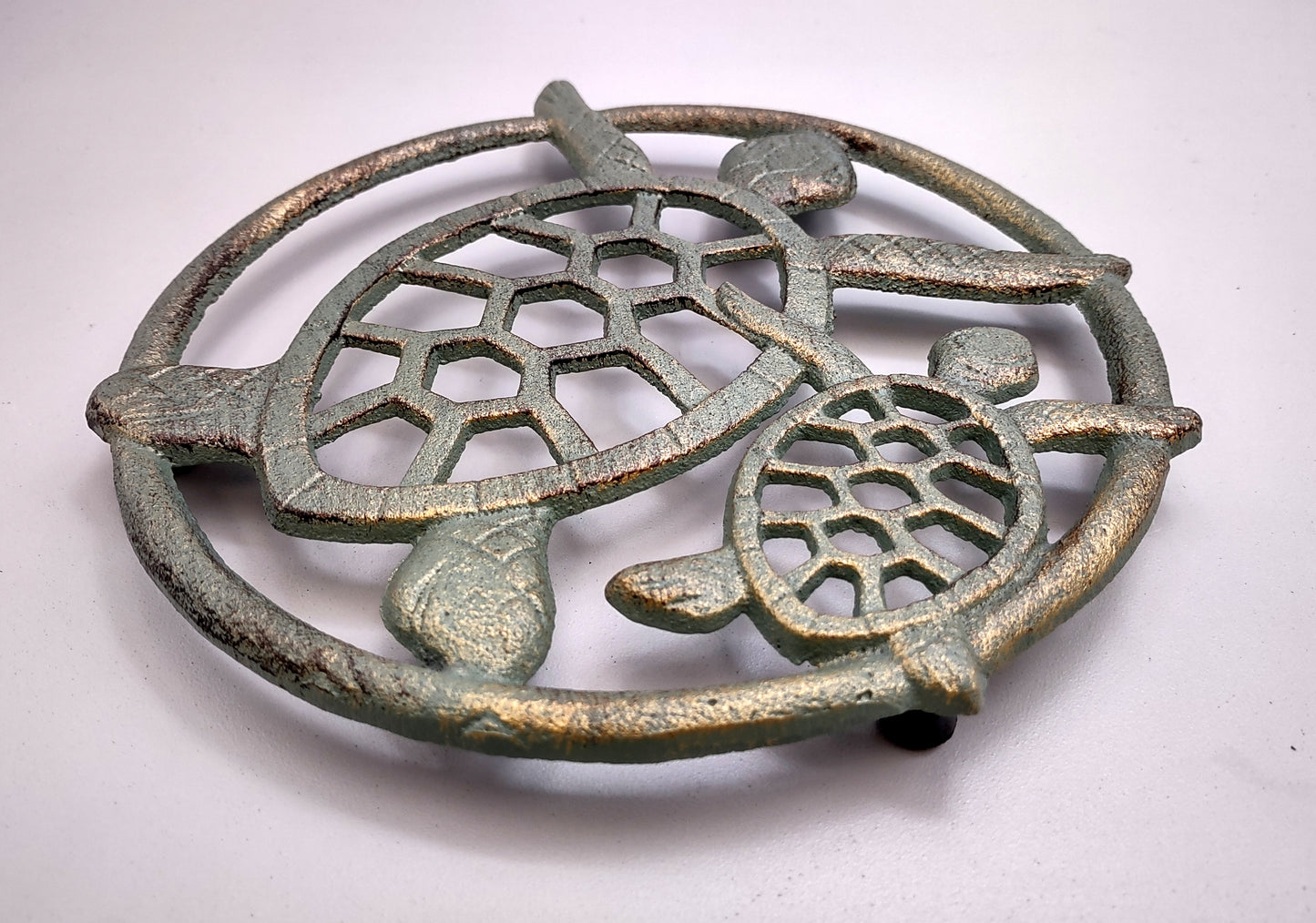 Sea Turtle Trivet Cast Iron Green Gold Weathered Hot Pad (1 trivet approx. 7 inches) Green Sea Turtle Pair Trivet for coastal dining table!