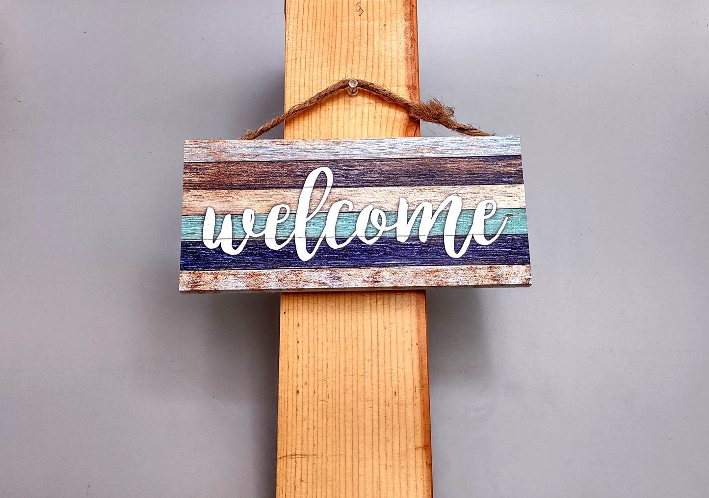 Beach Sign Welcome Weathered Painted Wood (1 sign approx. 10 inches long) Friendly coastal home entryway multi color wall decoration!