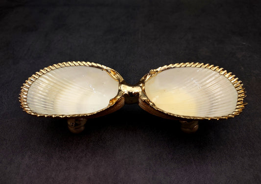 Gold-Plated Footed Duo Cockle Dish - Cardium Cardium - (1 Shell Dish approx. 6-7 inches) Two shells with gold plated decoration. Decorative retro dish. Copyright 2024 SeaShellSupply.com